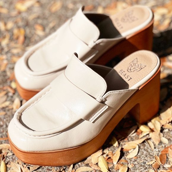 NEW Penny Loafer Wooden Platform Heel Clog Mules Shoes Chunky Off White Bone - Picture 13 of 16
